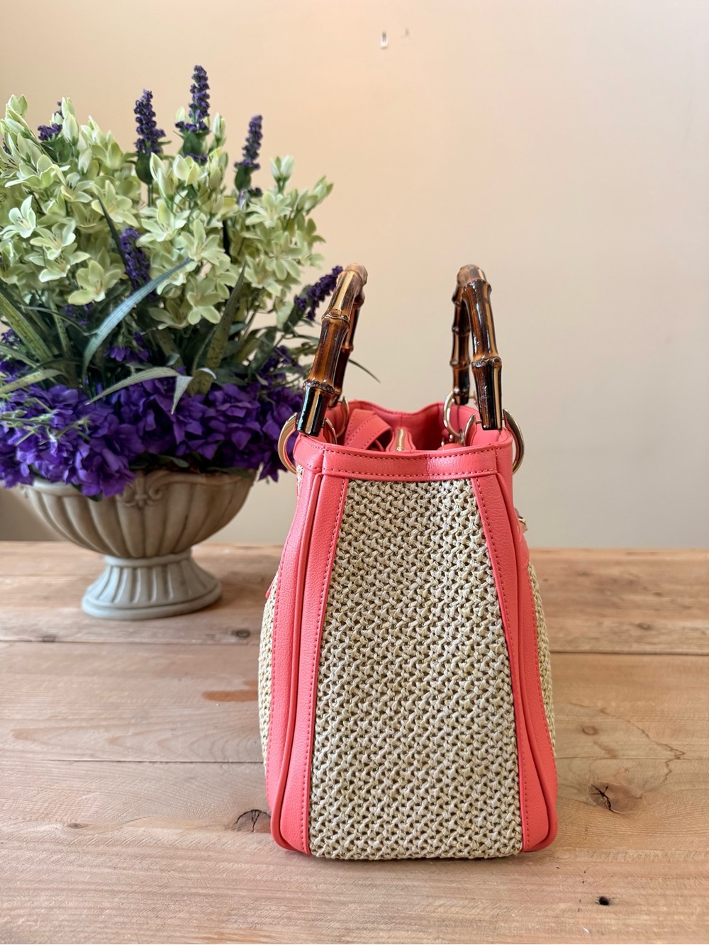 Spartina 449 Coral Woven Bamboo Handle Tote & Matching Wallet Set EUC - Picture 10 of 16